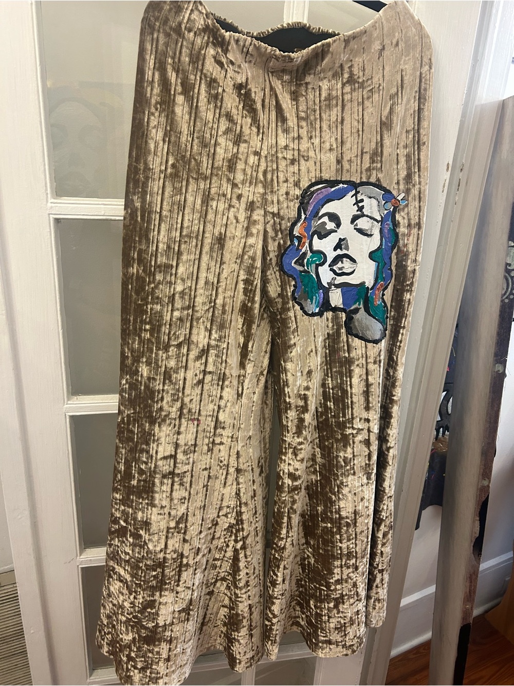 Free People Beige Velvet Wide-Leg Art Pants Bottoms with Face Detail